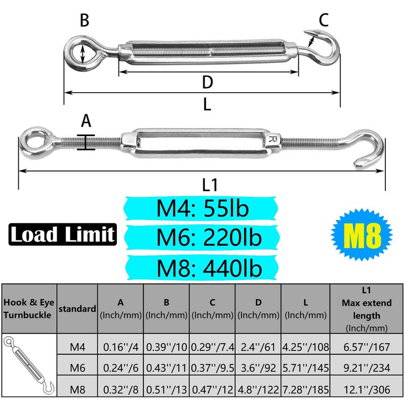 Reedny Turnbuckles Hook, Reedny 304 Stainless Steel Turnbuckle Heavy Duty M4 M6 M8 Hook and Eye Turnbuckle for Cables Wire Rope Tension 5/32" 1/4" 5/16" for Sun Shade Fence Tent Rope Installation(M8, 2Pcs) - Image 2